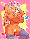 animal_humanoid areola barely_visible_genitalia barely_visible_pussy big_breasts biped breasts clothing colorful_theme eyelashes female genitals hair hi_res humanoid lagomorph lagomorph_humanoid legwear leporid_humanoid looking_at_viewer mammal mammal_humanoid my_hero_academia nipples pubes pupils pussy rabbit_humanoid rumi_usagiyama smile thick_thighs thigh_highs tophatmahoney y2k_(graphic_design)