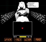 2024 2_horns anthro belly big_breasts blush bodily_fluids boss_monster_(undertale) bovid bra breast_grab breasts caprine cleavage clothed clothing dialogue disembodied_hand dress duo english_text eyebrows eyelashes female floppy_ears fur gameplay_mechanics goat goz-o hand_on_breast hi_res horn huge_breasts mammal mature_female navel slightly_chubby speech_bubble sweat text toriel undertale_(series) underwear undressing_another white_body white_fur