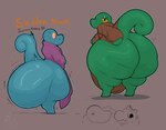 absurd_res anthro belly_lentel bellyboi13 big_butt blush bottom_heavy butt clothing clothing_pull curled_tail digital_media_(artwork) expansion hi_res huge_butt huge_thighs hyper hyper_butt lizard male rear_view reptile robe scalie shocked solo tail text thick_thighs wardrobe_malfunction