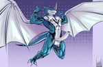 abs anthro balls bandai_namco blue_body digimon digimon_(species) exveemon flexing flexing_bicep flying foreskin genitals iudicium86 long_penis male muscular nipples penis solo tattoo wings