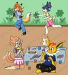 2_tails anthro blue_eyes blush blush_stickers bottomwear buizel canid canine clothing coco_(trixytrixter) dipstick_tail dog_tags dress easter easter_egg eeveelution feet female fingerless_(marking) fingerless_gloves_(marking) fiona_(artist) fox generation_1_pokemon generation_4_pokemon gloves_(marking) group happy hi_res holidays horn jolteon lagomorph leporid male mammal markings multi_tail nintendo painting_(action) penny_the_buizel pokemon pokemon_(species) purple_eyes rabbit sakura_(floofy) scut_tail short_tail shorts tail tail_markings tail_motion tailwag tazer_(hakinsuke) toeless_(marking) torn_clothing unicorn_horn