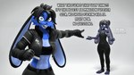 2024 3d_(artwork) absurd_res anthro black_body black_bottomwear black_clothing black_eyes black_fur black_hair black_jacket black_pants black_shirt black_tank_top black_topwear blue_body blue_eyes blue_fur bottomwear breasts clone clothed clothed_anthro clothed_female clothing dialogue digital_media_(artwork) domi_(domibun) domibun duo english_text female fur gesture hair hand_gesture hi_res jacket lagomorph leporid looking_at_viewer male mammal multicolored_body pants paradox pointing pointing_at_another rabbit shirt small_breasts source_filmmaker_(artwork) square_crossover tank_top text threatening threatening_violence threatening_words topwear two_tone_body