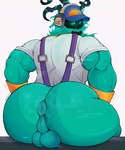 anthro anus back_muscles balls biceps big_butt bubble_butt butt clothing curvy_figure digital_drawing_(artwork) digital_media_(artwork) genitals ghost green_body green_eyes headgear hi_res humanoid league_of_legends male mentholplug muscular muscular_male presenting presenting_hindquarters rear_view riot_games simple_background solo spirit tencent thick_thighs thresh topwear triceps voluptuous