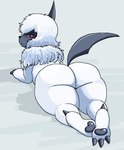 absol big_butt blush butt butt_focus claws commonbleat dark_body dark_skin eyeshadow female feral fluffy fur generation_3_pokemon hair horn makeup narrowed_eyes nintendo pawpads pokemon pokemon_(species) red_eyes solo white_body white_fur white_hair