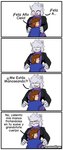 4koma annoyed anthro artist_name big_breasts black_clothing black_jacket black_topwear blue_clothing blue_shirt blue_topwear blush border breasts brown_hair canid canine clothing comic duo embarrassed fangs female fur grey_body grey_fur hair happy hi_res hug human implied_transformation interspecies jacket larger_female looking_at_another male male/female mammal mythological_canine mythological_creature mythology open_mouth perezoso_draw purple_clothing purple_sweater purple_topwear shirt sidelocks simple_background size_difference smile spanish_text standing sweater teeth text topwear translated turtleneck were werecanid werecanine werewolf white_background white_border