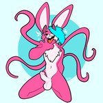 1:1 absurd_res anthro back_tentacles balls concubus cunnilingus_gesture erection genitals gesture hair hi_res horn ikarsi_(lloxie) lagomorph leporid male mammal penis rabbit solo suggestive suggestive_gesture teal_hair tentacles xing1