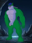 2024 3:4 absurd_res ai_generated_background anthro balls barazoku blue_cap cavern clothing conditional_dnp dasyurid dasyuromorph flaccid genitals green_body hat headgear headwear hi_res kbh_kazuhisa male mammal marsupial muscular muscular_anthro muscular_male night nude penis richard_devil shaded solo tasmanian_devil