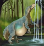 2024 abdominal_bulge aladar belly big_belly brown_body brown_scales digitigrade dinosaur dinosaur_(disney) disney drinking feral grey_body grey_scales hi_res huge_belly iguanodon iguanodontid male ornithischian outside pregnant pregnant_feral pregnant_male prehistoric_species priestofjashin quadruped reptile scales scalie solo standing tail waterfall