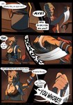 anthro blue_eyes breasts carrioncat clothed clothing comic cougar dialogue duo english_text fantasy felid feline female fur fur_clothing hi_res human khajiit male mammal microsoft orange_body orange_fur scar signature text the_elder_scrolls