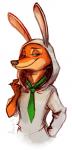 2016 aleoo-whiter anthro black_nose canid canine claws clothed clothing disney fake_ears fake_rabbit_ears fox fur green_eyes half-length_portrait hi_res hoodie jacket looking_at_viewer male mammal necktie nick_wilde orange_body orange_fur portrait red_fox signature simple_background sketch solo topwear true_fox white_background zootopia