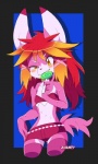 2017 3:5 alternative_fashion anthro bodily_fluids breasts candy canid canine clothed clothing dessert female food fox fur gyaru hair highlights_(coloring) j-fashion lollipop long_hair looking_at_viewer mammal pink_body pink_fur red_hair simple_background slim_anthro slim_female small_breasts smile smirk solo sparklefur standing suzie_callagh sweat text yellow_eyes zhampy