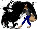 3_toes anthro ballerina_mafia barefoot black_body bottomwear brown_hair canid canine canis claws clothed clothing duo feet fist fully_clothed fur hair hi_res hybrid immelmann_(character) ink jacket lagomorph leporid looking_back male mammal nx-42 open_mouth paint_splatter pants rabbit shirt short_hair side_view simple_background smile tail tan_body tan_fur tentacles toes topwear white_background wolf