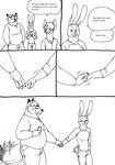 2023 anthro belly bernielover blush bottomwear canid canine cellphone clothing comic dialogue disney electronics english_text fan_character fox gideon_grey hand_holding hi_res lagomorph leporid male male/male mammal monochrome nate_hopps overweight overweight_male pants phone rabbit red_fox shirt smartphone tail tail_motion tailwag text topwear true_fox zootopia