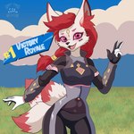 1:1 anthro band-aid band-aid_on_face bandage bandage_on_face breasts canid canine clothed clothing epic_games female fortnite fox fully_clothed grass hi_res kimiko_five-tails mammal medium_breasts open_mouth outside pink_eyes plant solo tdc_charge