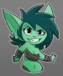 2019 4_fingers armwear bandage border breasts cleavage clothed clothing dark_hair digital_media_(artwork) ear_piercing eyebrows eyelashes female fingers goblin green_body green_skin grey_background hair huffslove humanoid humanoid_pointy_ears long_ears looking_at_viewer makeup mascara medium_breasts navel not_furry piercing pointy_ears raised_eyebrow shaded sharp_teeth simple_background smile solo teeth white_border