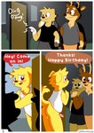 absurd_res anthro blush bottomless canid canine canis clothed clothing comic deer dialogue domestic_dog door doorbell embarrassed english_text erection genitals group hand_holding happy_birthday hi_res lagomorph leporid male mammal ohfourmouse rabbit raised_tail tail text