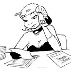 2023 anthro bell bell_collar black_and_white bovid breasts caprine cleavage clothed clothing collar female fingers fur hi_res hoof_hands hooved_fingers hooves horn lana_lynne leotard looking_down mammal monochrome paperwork pencil_(object) sheep sitting solo tegerio wool_(fur)