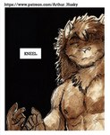 allcaps anthro clothed clothing dialogue english_text felid leomagna lion male mammal monochrome nipples pantherine smile solo text topless topless_male url website_url