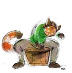 anthro bottomwear clothed clothing eyes_closed front_view fur genesis_(asiantrashpanda) green_clothing green_topwear grey_bottomwear grey_clothing grey_pants hi_res male markings mouth_closed orange_body orange_fur orange_stripes oselotti pants signature simple_background sitting solo striped_markings striped_tail stripes tail tail_markings topwear white_background