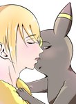 blonde_hair clothed clothing duo eeveelution french_kissing generation_2_pokemon hair human interspecies kiss_on_lips kissing male male/male mammal nintendo paws pokemon pokemon_(species) pokephilia portrait tapirclip tongue tongue_out umbreon volo_(pokemon)