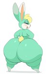 2024 absurd_res animal_crossing anthro arizonathevixen bedroom_eyes big_butt blonde_hair blush butt cel_shading colored digital_media_(artwork) dipstick_ears ear_markings green_body hair hi_res huge_butt huge_hips huge_thighs hyper hyper_butt lagomorph leg_markings leporid looking_at_viewer looking_back male mammal markings multicolored_ears narrowed_eyes nintendo nude open_mouth rabbit sasha_(animal_crossing) seductive shaded socks_(marking) solo thick_thighs wide_hips