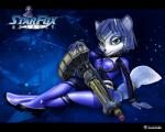 2005 5:4 anthro arwing blue_body blue_fur blue_hair bodysuit canid canine clothing female fox fur gatling_gun gun hair humor krystal_(star_fox) machine_gun mammal minigun nintendo official_art pun ranged_weapon skinsuit solo space star_fox starfox_assault tight_clothing unknown_artist visual_pun wallpaper weapon white_body white_fur