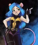 absurd_res anthro belt blue_hair clothing colored_nails female fingerless_gloves gloves green_sclera hair handwear hi_res long_hair looking_away mammal marcie_montis murid murine nails portrait rodent smile smirk solo tail three-quarter_portrait unnamed_character utility_belt watermark