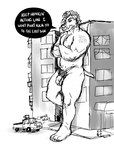 anthro canid canine canis comic conditional_dnp dialogue dickarmdaryl dog_daryl_(dickarmdaryl) domestic_dog english_text extreme_size_difference genitals hi_res leaning macro_focus male mammal muscular penis pitador size_difference solo text traditional_media_(artwork) trans_(lore) trans_man_(lore)