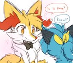 2016 accessory anthro blue_body blue_fur blush bow_tie braixen dewott duo ear_tuft eli_(fiddleafox) english_text female fiddleafox fur generation_5_pokemon generation_6_pokemon hair hair_accessory looking_at_another low_res male nico_(fiddleafox) nintendo pokemon pokemon_(species) ponytail simple_background sparkles speech_bubble text tuft white_background yellow_body yellow_fur