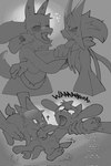 ambiguous_gender anthro biped bite bite_mark bodily_fluids crying fur generation_4_pokemon generation_9_pokemon group heart_symbol hi_res human lucario mammal meowscarada monochrome nintendo open_mouth pawpads pokemon pokemon_(species) riolu samu_(sincastermon) sincastermon sprigatito sweat tail tears teeth vine_(sincastermon)