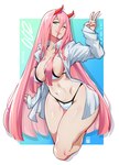 areola areola_slip bayeuxman big_breasts bikini biped breasts clothed clothing female gesture hair hand_gesture hi_res horn horned_humanoid humanoid long_hair looking_at_viewer nipple_outline not_furry pink_hair solo swimwear thick_thighs two-piece_swimsuit v_sign wide_hips zero_two_(ditf)