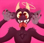 2018 2_horns 4_fingers alternate_color anthro arm_tuft chest_tuft chotpot claws colored cuphead_(game) digital_drawing_(artwork) digital_media_(artwork) fangs finger_claws fingers forked_tongue front_view fur furrowed_brow halo horn light lighting looking_at_viewer male no_pupils pink_background raised_arms red_body red_claws red_eyes red_fur red_tongue shaded shoulder_tuft simple_background smile smiling_at_viewer solo sparkles tan_horn tan_sclera teeth the_devil_(cuphead) tongue tongue_out tuft