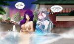 2018 adobe_photoshop_(artwork) anthro bathing blah_blah_blah blue_eyes blush bodily_fluids bold_text breasts canid canine canis casual_nudity chest_tuft clothed clothing colored conditional_dnp convenient_censorship detailed_background dialogue digital_media_(artwork) distracted duo english_text female fur grey_hair hair hair_over_eye hi_res hot_spring human inner_monologue keidran mammal maren_taverndatter nervous nude one_eye_obstructed outside partially_submerged purple_hair raine_silverlock speech_bubble steam sweat text text_emphasis thinking thought_bubble tom_fischbach topless towel tuft twokinds water wet white_body white_fur wolf