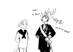 2024 anthro antlers black_and_white clothing comic deer deer_admiral_(hladilnik) dialogue domestic_cat duo english_text felid feline felis hi_res hladilnik horn male mammal military_uniform monochrome sailor_uniform ship's_catboy_(hladilnik) text uniform