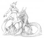 anthro breasts dragon duo female fydbac genitals hybrid male medium_breasts monochrome multi_genitalia multi_limb multi_pussy mythological_creature mythological_scalie mythology pussy scalie simple_background tail transformation