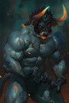 2024 2:3 4_fingers anthro biceps black_hair bovid bovine claws cypress_(taran_fiddler) embers european_mythology fangs featureless_crotch finger_claws fingers fur glowing glowing_eyes glowing_horn glowing_mouth gold_ear_ring greek_mythology hair hi_res horn male mammal minotaur muscular muscular_anthro muscular_male mythology nude painterly pecs scar signature solo standing tail taran_fiddler teeth vein veiny_muscles weretober