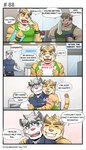 4:7 anthro blush clothing comic dialogue english_text felid gym_pals h155296 hi_res horn hug kakuda_(gym_pals) male mammal myosotis_(gym_pals) pal_(gym_pals) pantherine rhinoceros shirt tank_top text tiger topwear