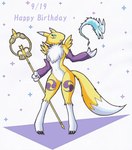 2022 anthro bandai_namco black_sclera blue_eyes breasts digidredg digimon digimon_(species) english_text featureless_breasts female fur happy_birthday hi_res holding_object multicolored_body multicolored_ears multicolored_tail navel renamon simple_background solo tail text tuft white_body white_fur yellow_body yellow_fur