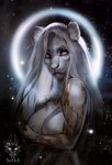 anthro blue_eyes drawing_sofa felid female fur glowing gold_(metal) hair lion mammal nude pantherine portrait solo sovka space star white_body white_fur white_hair