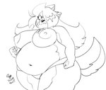 2023 anaugi angry anthro areola belly big_breasts breasts canid canine canis clothing deep_navel domestic_dog english_text female fist frown hachimitsu hair hair_over_eye long_hair mammal monochrome navel nipples one_eye_obstructed overweight overweight_female panties scar signature simple_background sketch solo standing text underwear white_background