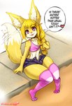 :3 absolute_territory absurd_res anthro blonde_hair bottomwear canid canine clothed clothing crop_top crossdressing english_text femboy fennec_fox fox fur hair hi_res legwear long_hair male mammal morbidlycutecrunch open_:3 open_shorts pear-shaped_figure pink_clothing pink_crop_top pink_eyes pink_legwear pink_shirt pink_topwear pink_underwear shirt shorts sitting smile solo tail tail_motion tailwag text thick_thighs topwear true_fox underwear wide_hips yellow_body yellow_fur