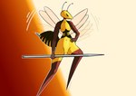 absurd_res anthro arthropod breasts female fingers genitals gradient_background hi_res hornet hymenopteran insect melee_weapon morfkey nude polearm pussy simple_background solo spear sting vespid wasp weapon wings yellow_body