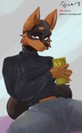 absurd_res anthro black_body bottomwear brown_body brown_fur canid canine canis clothing cybernetics digital_media_(artwork) domestic_dog fur hi_res machine male mammal pants pypan69 simple_background solo sweater tail text topwear url ylsun_(y15un)