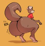 2024 anthro big_butt bodily_fluids bottomless brown_body butt canid canine canis clothed clothing crouching domestic_dog english_text huge_butt kom_(komdog) komdog male mammal onomatopoeia shirt solo sound_effects sweat text thick_thighs topwear