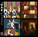 anthro apartment black_nose canid canine canis cellphone chair chow_chow clothed clothing comic computer curtains dim_lighting domestic_dog duo electronics eye_contact eyebrows eyewear fur furniture gab_(comic) gab_shiba gabshiba glasses herding_dog holding_cellphone holding_object holding_phone inside korg_(gabshiba) laptop looking_at_another looking_at_cellphone looking_at_computer looking_at_laptop looking_at_object looking_at_phone looking_through looking_through_window male mammal multicolored_body multicolored_fur on_chair orange_body orange_fur pastoral_dog pensive phone purple_tongue sad shiba_inu sitting sitting_on_chair solo spitz sunset text thick_eyebrows tongue url wang_chow wearing_glasses welsh_corgi white_body white_fur window yellow_body yellow_fur