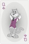 2018 anthro balls bottomless card card_template circumcised clothed clothing clubs_(suit) domestic_cat dress_shirt felid feline felis flaccid fur genitals grey_body grey_fur half-closed_eyes hands_behind_head hanna-barbera hi_res humanoid_genitalia humanoid_penis looking_at_viewer male mammal narrowed_eyes necktie neenya partially_clothed penis playing_card playing_card_template queen_of_clubs shirt simple_background small_penis smile solo standing suit_symbol top_cat top_cat_(series) topwear vest