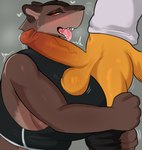 anthro balls big_penis blush breasts brown_body brown_eyes brown_fur claws clothed clothing duo female finger_claws fur genitals hi_res male male/female mammal penis sijimmy456 yellow_body yellow_fur