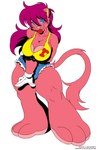 2009 anthro big_breasts blue_eyes bottomwear breasts bulge clothing deonwolf digital_media_(artwork) domestic_cat felid feline felis flat_colors fur gynomorph hair hi_res hotpants intersex mammal pink_body pink_fur roxikat shorts solo tail thick_thighs tongue tongue_out topwear