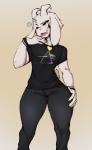 anthro asriel_dreemurr_(god_form) avante92 band_merch boss_monster_(undertale) bottomwear bovid bulge caprine clothed clothing denim denim_bottomwear denim_clothing fur hand_on_leg hand_on_thigh hi_res jeans looking_at_viewer male mammal open_mouth pants pink_floyd shirt short_sleeves simple_background solo standing the_dark_side_of_the_moon_(album) thick_thighs topwear undertale undertale_(series) white_body white_fur