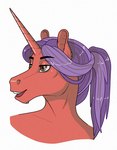 ambiguous_gender anthro brown_eyes bust_portrait equid equine fur hair horn long_hair male_(lore) mammal milk-jug mythological_creature mythological_equine mythology narrowed_eyes open_mouth ponytail portrait purple_hair red_body red_fur red_horn simple_background solo unicorn white_background